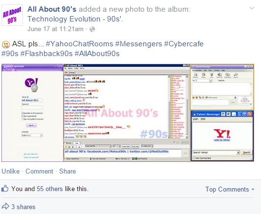 Screen Captures of Facebook Posts on the All About 90s Timeline. The posts range from sharing memories of old television serials, advertisements and even nineties interfaces of yahoo.com chats rooms. Source: All About 90s